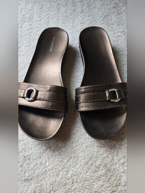 Lands' End Metallic Bronze Slide Sandals with Ring Accent